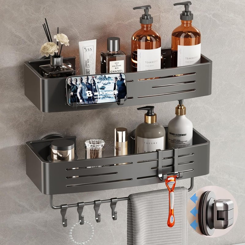Voldra Shower Caddy Suction Cup, 2 Pack Shower Shelves for Inside Shower No Drilling, Aluminum Suction Showers Organizer with Towel Bar & Hooks Removable Bathroom Shelf Storage Rack(Gray) - Image 1